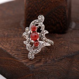 Agate And Marcasite Zirkon Design Silver Ring 2297