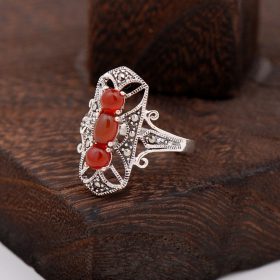 Agate And Marcasite Zirkon Design Silver Ring 2311