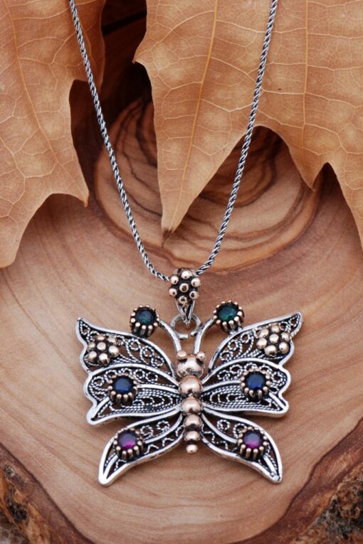 Butterfly Filigree Engraved Silver Necklace 6758