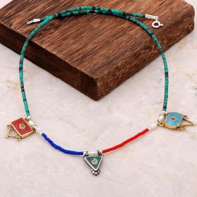 Natural Stone Mosaic Engraved Silver Necklace 6843