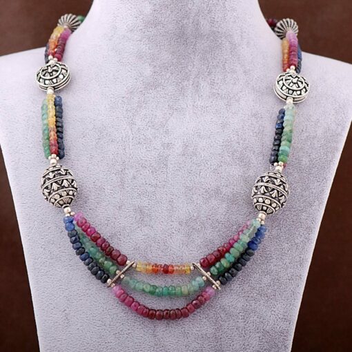 Emerald Ruby and Sapphire Gemstone String Silver Necklace 3413