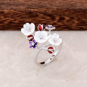 Enameled Floral Design Silver Ring 2844