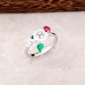 Enameled Flower Design Silver Ring 2847