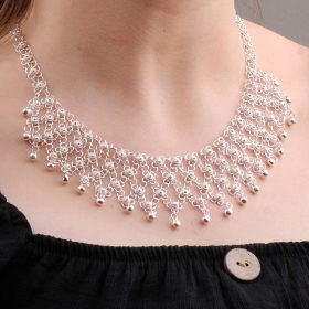 Filigree Embroidered Coriander Flowing Silver Necklace 6602
