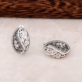 Filigree Embroidered Design Silver Earrings 4388