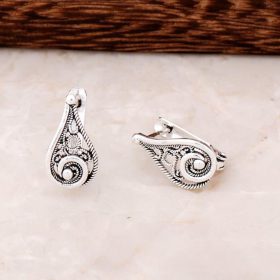 Filigree Embroidered Design Silver Earrings 4394