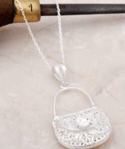 Filigree Engraved Bag Silver Necklace 6898