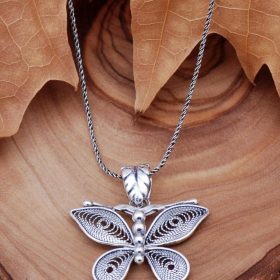 Filigree Engraved Butterfly Silver Necklace 6774