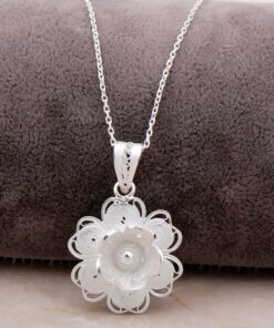 Filigree Engraved Flower Silver Necklace 6874