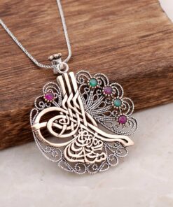 Filigree Engraved Ottoman Tugra Root Ruby Root Emerald Gemstone Silver Necklace 3895