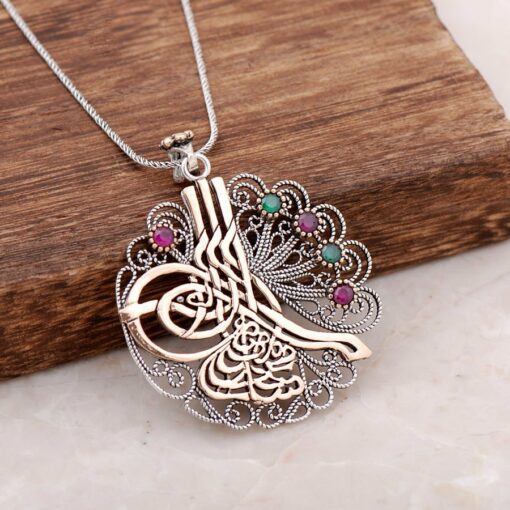 Filigree Engraved Ottoman Tugra Root Ruby Root Emerald Gemstone Silver Necklace 3895