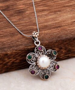 Filigree Engraved Pearl Stone Daisy Silver Necklace 6787