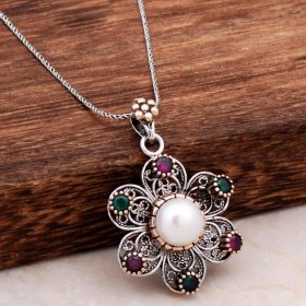 Filigree Engraved Pearl Stone Daisy Silver Necklace 6787