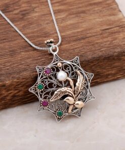 Filigree Engraved Pearl Stone Design Handmade Silver Necklace 3899