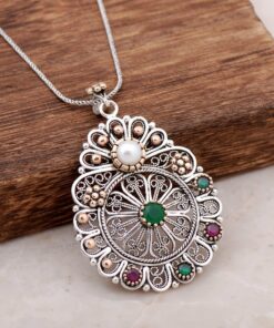 Filigree Engraved Pearl Stone Design Silver Necklace 3896