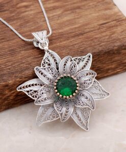 Filigree Engraved Root Emerald Stone Design Silver Necklace 3887