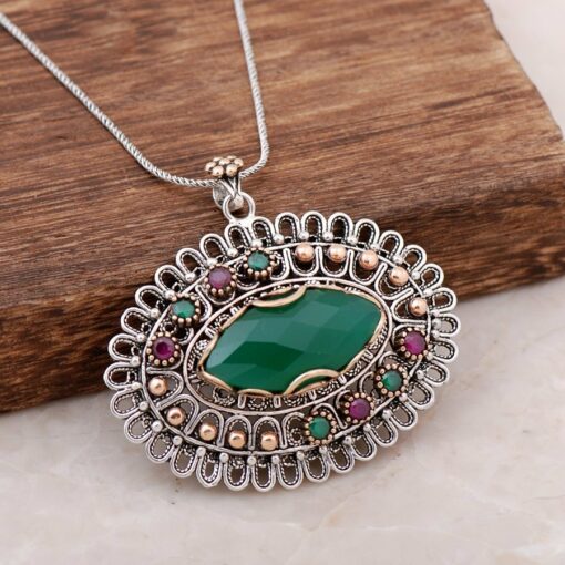 Filigree Engraved Root Emerald Stone Design Silver Necklace 3897