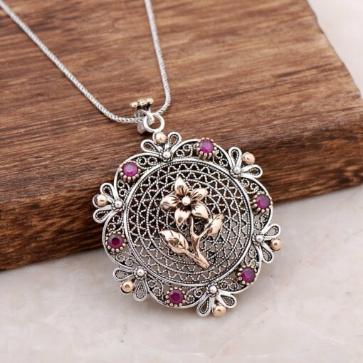 Filigree Engraved Root Ruby Stone Design Silver Necklace 3901
