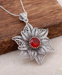 Filigree Engraved Root Ruby Stone Design Sterling Silver Necklace 3889