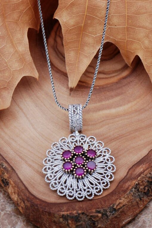 Filigree Engraved Root Stone Silver Necklace 6767