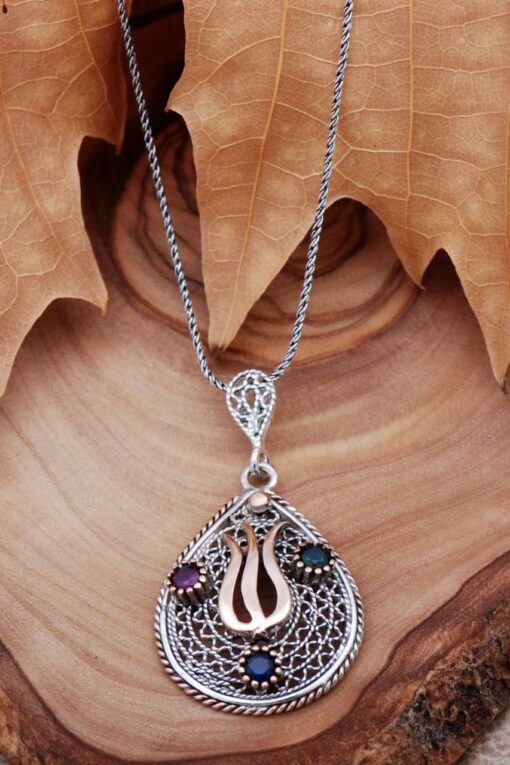 Filigree Engraved Tulip Silver Necklace 6772