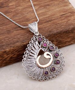 Filigree Engraved Vav Letter Root Ruby Stone Silver Necklace 3891