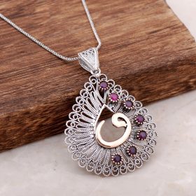 Filigree Engraved Vav Letter Root Ruby Stone Silver Necklace 3891