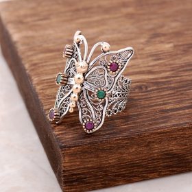 Filigree Inlaid Butterfly Silver Ring with Emerald Ruby Stone 2499