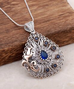 Filigree inlaid sapphire stone tulip design silver necklace 3892