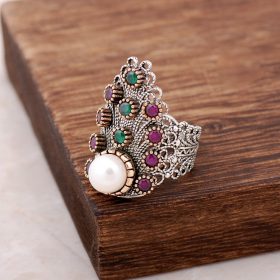 Filigree Inlaid Sterling Silver Ring with Pearl Stone 2491