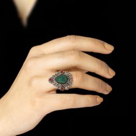 Filigree Sterling Silver Ring with Root Emerald Stone 2486