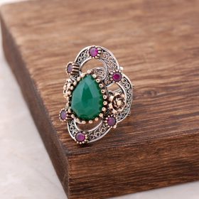 Filigree Sterling Silver Ring with Root Emerald Stone 2488