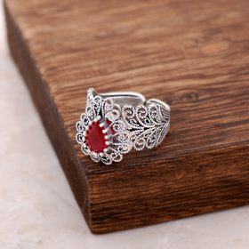 Filigree Sterling Silver Ring With Root Ruby Stone 2511
