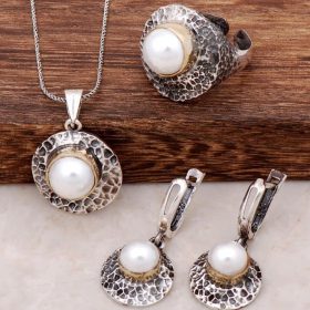 Hammer Forged Handmade Pearl Stone Design Silver Set 1992