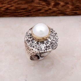 Hammer Hammered Pearl Stone Sterling Silver Ring 2711