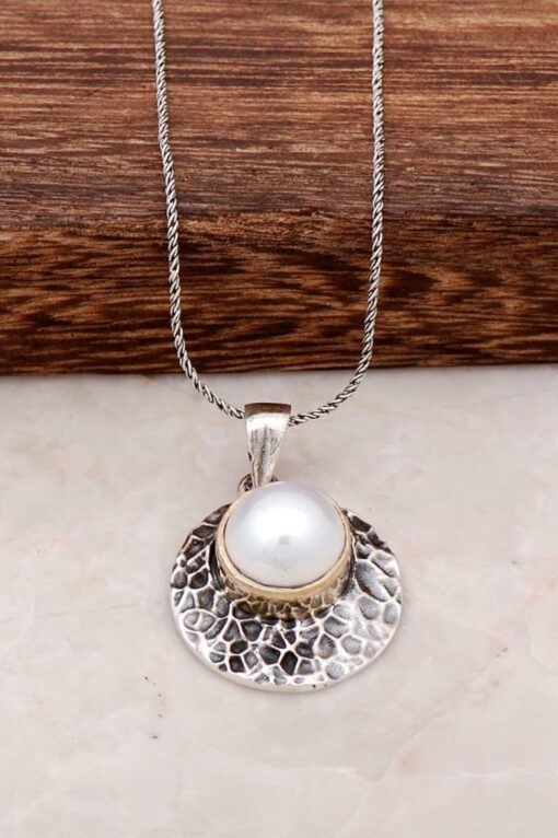 Hammer Tattoo Handmade Pearl Stone Design Sterling Silver Necklace 6300