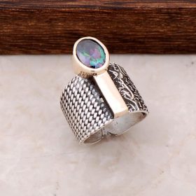 Handmade Hammer Forged Silver Ring with Mystic Topaz Stone 2707