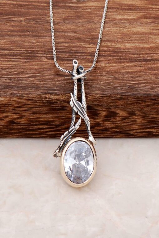 Handmade Ivy Design Silver Necklace with Quartz Stone 6256