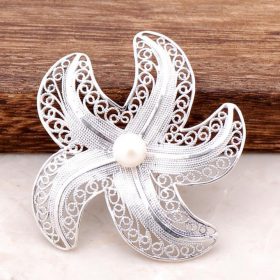 Filigree Embroidered Brooch with Pearl Stone Sea Star Design 294