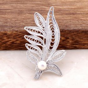 Filigree Embroidered Handmade Silver Design Brooch with Pearl Stone 314