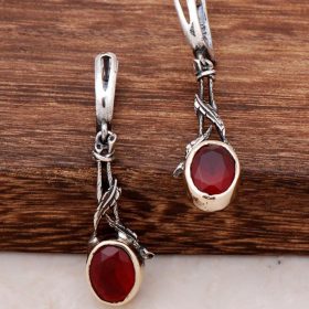 Ivy Leaf Design Handmade Sterling Silver Earrings with Root Ruby Stone 4252