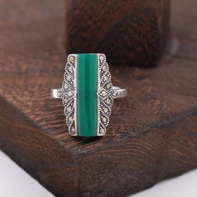 Jade And Marcasite Zirkon Design Silver Ring 2398