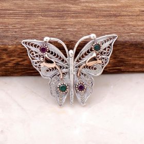 Butterfly Designed Tulip Filigree Embroidered Silver Brooch 274