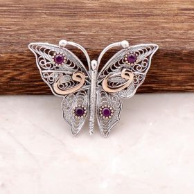 Butterfly Design Filigree Embroidered Silver Brooch 315