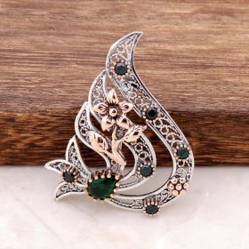 Filigree Embroidered Silver Brooch with Root Emerald Stone 281