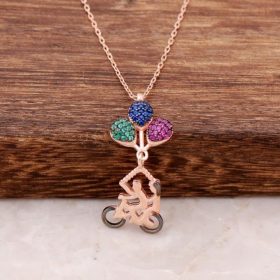 Lovers Flying From Happiness With Bicycle Rose Silver Necklace 4057