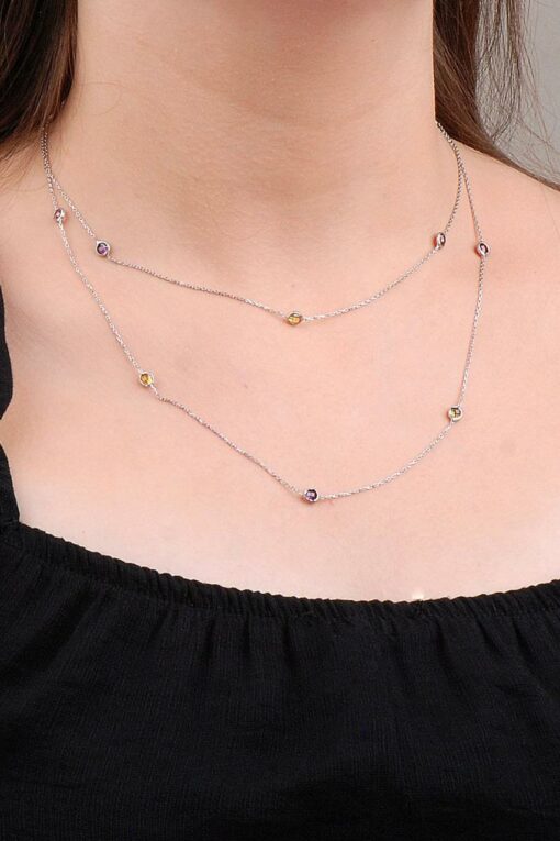 Mix Row Stone 90 Cm Silver Necklace 6632