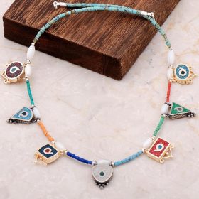 Natural Stone Mosaic Engraved Silver Necklace 6829