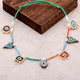 Natural Stone Mosaic Engraved Silver Necklace 6830