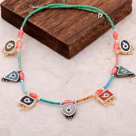 Natural Stone Mosaic Engraved Silver Necklace 6831